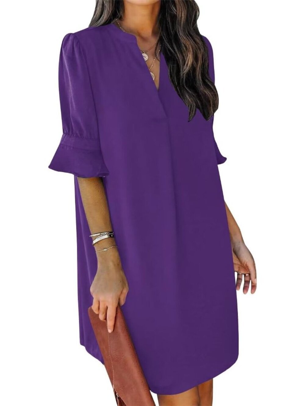 Women's Purple Dress V Neck Short Sleeve Pull On Solid Casual Shift Mini Dress